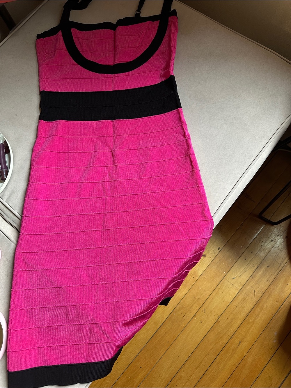 Revamped Hot Pink Asymmetrical Bandage Dress with Black Accents